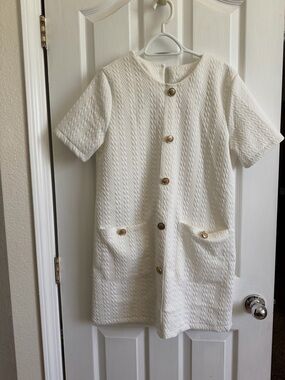 White Textured Mini Dress with Gold Buttons
